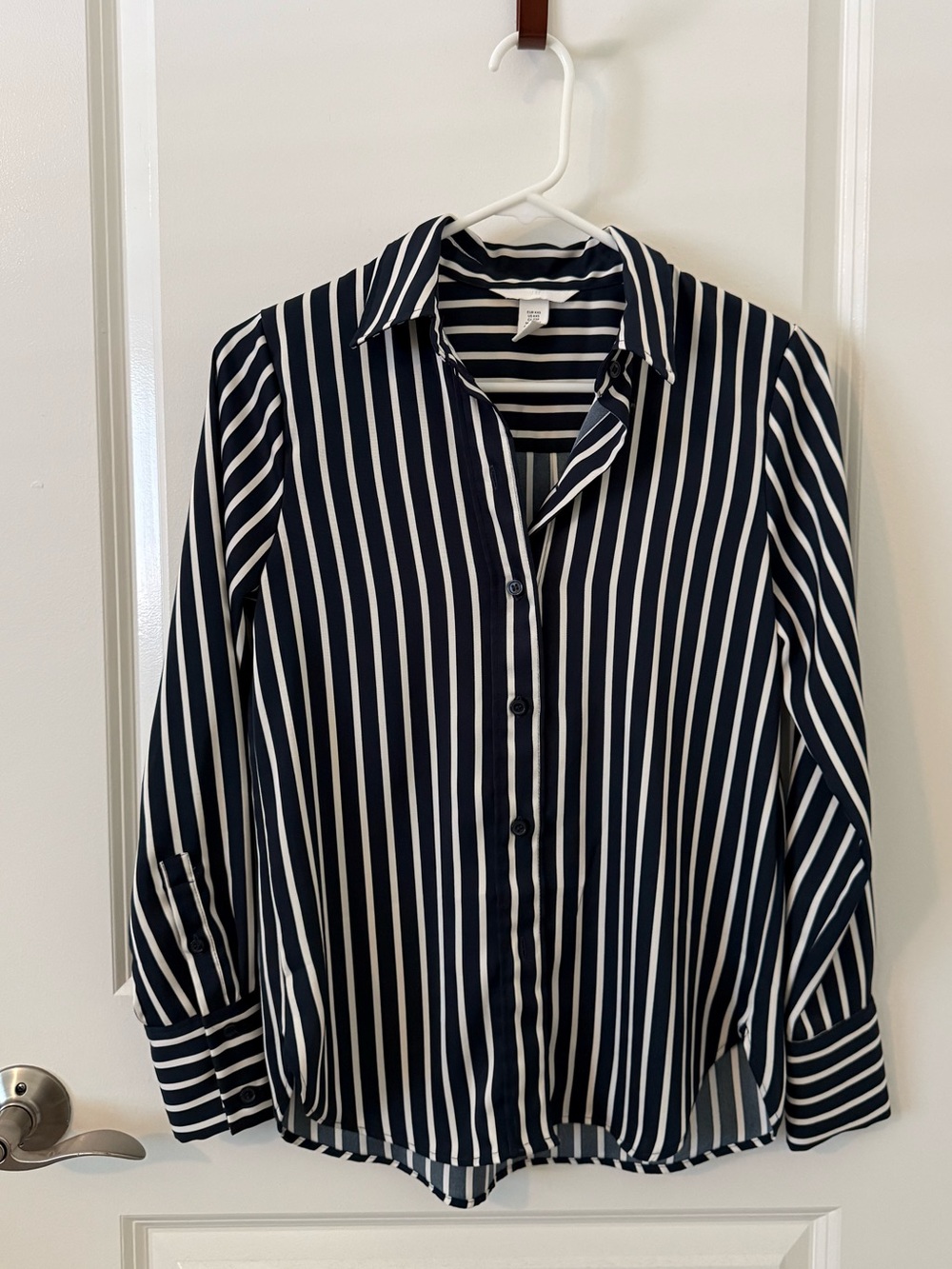 Navy and Cream Vertical Stripe Button-Up Blouse
